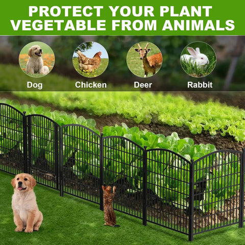No-Dig Gate-Equipped Decorative Garden Fence Kit For Pets with 10 panels around a vegetable garden to protect against animals.