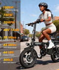 Woman riding a Foldable 14 Inch Electric Bike For Adults With 1500W Peak Motor Top Speed 20 MPH Removable 48V 16Ah Battery