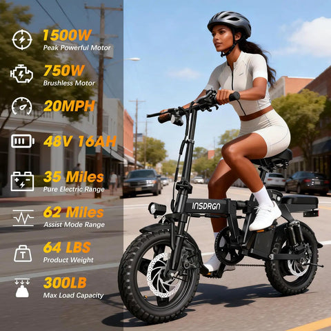 Woman riding a Foldable 14 Inch Electric Bike For Adults With 1500W Peak Motor Top Speed 20 MPH Removable 48V 16Ah Battery