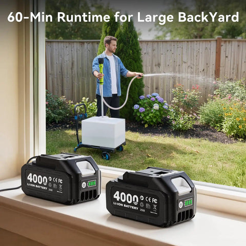 Man using Cordless Stick Transfer Pump For Water And Diesel, 720 GPH Fast Drain, 60 Minute Runtime, No Fuss 16 Ft Lift Head in backyard