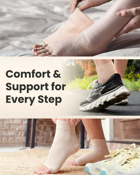 Open Toe Ankle Compression Sleeve For Everyday Relief 20 To 30mmHg 1 Pair Arch Support Plantar Fasciitis Beige in use outdoors