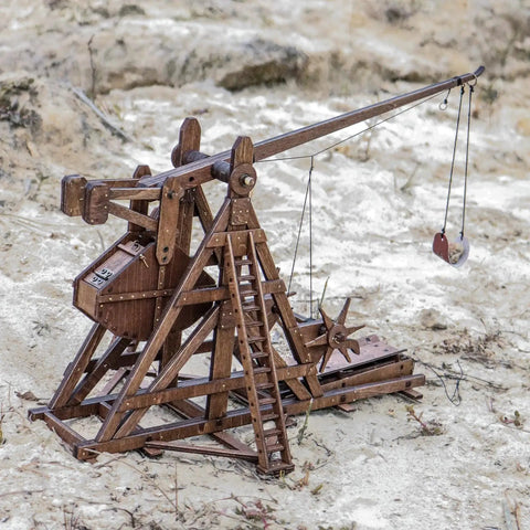Mini Counterweight Trebuchet Model Kit for Adults, 3D Wooden Puzzle Siege Engine, DIY STEM Project, Tabletop Toy, Alder Veneer Plywood Build, Ages 14 Plus, Totally Fun Historical Replica, side view