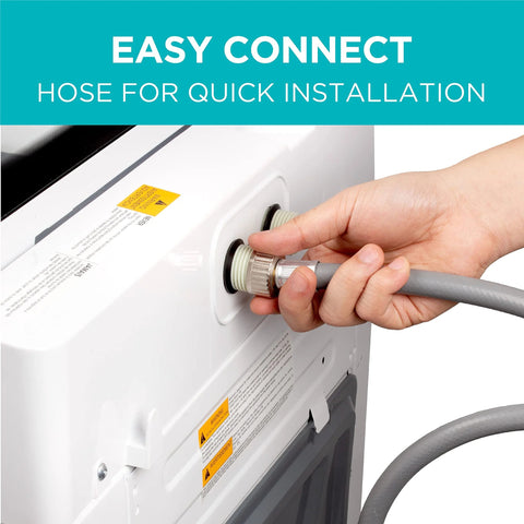 White portable washing machine; close-up of hand attaching a gray hose to the water inlet.