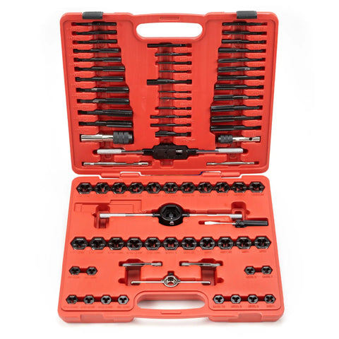 76 Piece Tap And Die Set For External And Internal Threads Rethreading Cutting And Repair Tool For SAE And MM Threads in red case.