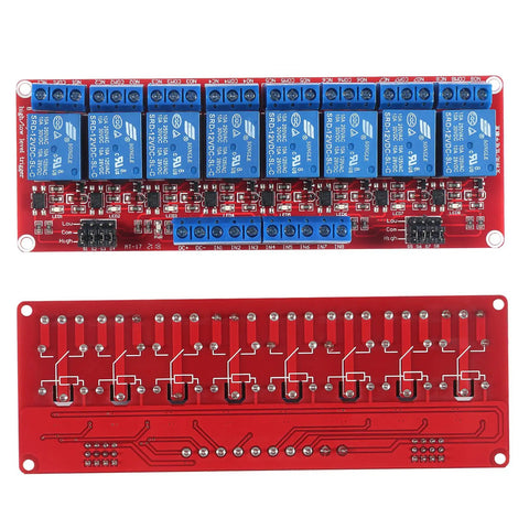 8 Channel 5V Relay Module With Opto Isolated Inputs, High Or Low Level Trigger visible front and back, individual relay control