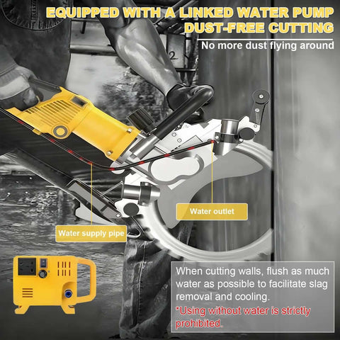 Professional Grade Electric Concrete Saw With Beefy 5000 Watt Brushless Motor cutting a wall with water supply for dust-free operation.