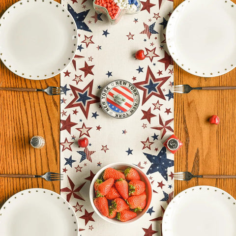 Old Style Stars American Flag Table Runner 13x72 Inch on dining table, patriotic stars, plates and strawberries, July kitchen decor.