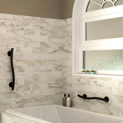 Wave Grab Bar One And A Quarter Inch Diameter And Sixteen Inch Length In Oil Rubbed Bronze ADA Compliant Stainless Steel Eighteen Gauge Wall Mounted Grab Bar in bathroom