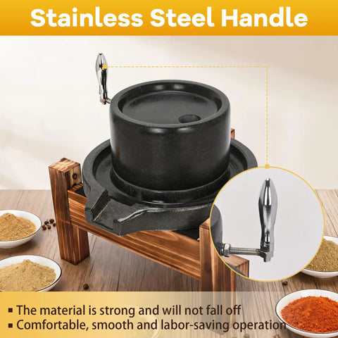 Old School Stone Grain Mill Hand Grinder For Flour And Seeds with Stainless Steel Handle on wooden countertop