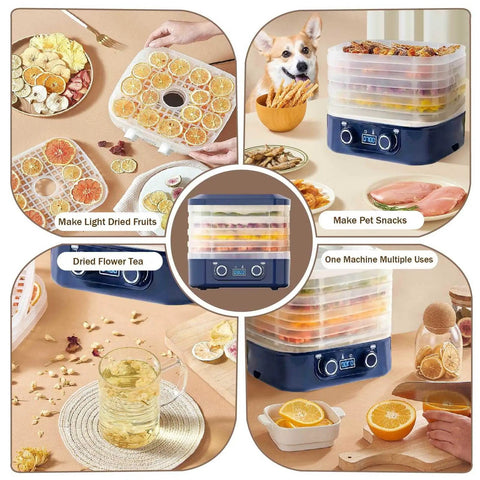 No Sweat Compact Home Dehydrator For Countertops With Five Stackable Trays, Precise Heat Controls And Whisper Quiet Fan For Locking Fresh Flavor, Making Homemade Beef Jerky, Veggies And Game Changing Snacks On The Fly with fruits, snacks, and tea.