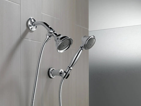Shower Arm Diverter For Handheld Shower Chrome One Half Inch IPS Male Outlet No Fuss Install Brass Construction Diverter on shower wall