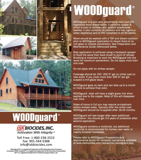 Heavy Duty Exterior Wood Preservative And Semi Transparent Stain In Warm Pecan With Bad Ass Termite And Decay Protection Plus UV Shield For Log Homes Siding And Fences One Coat Miracle 1 Gallon Can displayed on a log cabin.