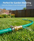 Heavy Duty Garden Hose Repair Connector Kit With Clamps Fits 3/4 Or 5/8 Inch Quick Fix Aluminum And Stainless Steel Leak Proof Durable Fix For Your Backyard Irrigation Needs Today. Brass hose repair connector with clamp on green lawn, fixing a leaking garden hose