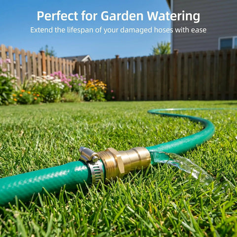 Heavy Duty Garden Hose Repair Connector Kit With Clamps Fits 3/4 Or 5/8 Inch Quick Fix Aluminum And Stainless Steel Leak Proof Durable Fix For Your Backyard Irrigation Needs Today. Brass hose repair connector with clamp on green lawn, fixing a leaking garden hose
