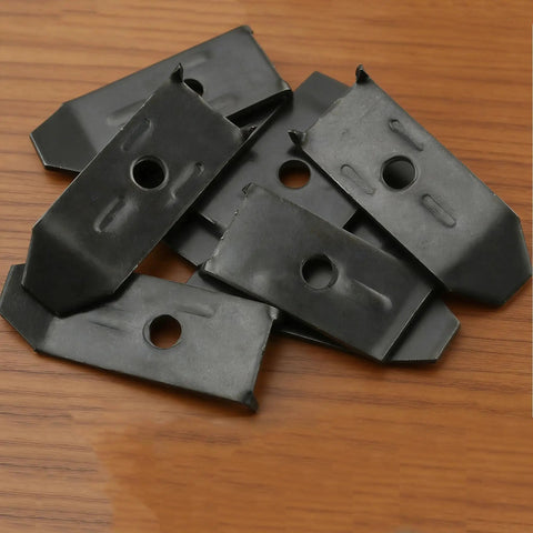 12 Sets Table Leaf Leveler Locks With Buttery Smooth Gliding Bars, Heavy Duty Extension Hardware Kit To Keep Your Drop Surfaces Rock Solid, Black metal latches laid on wooden table surface.