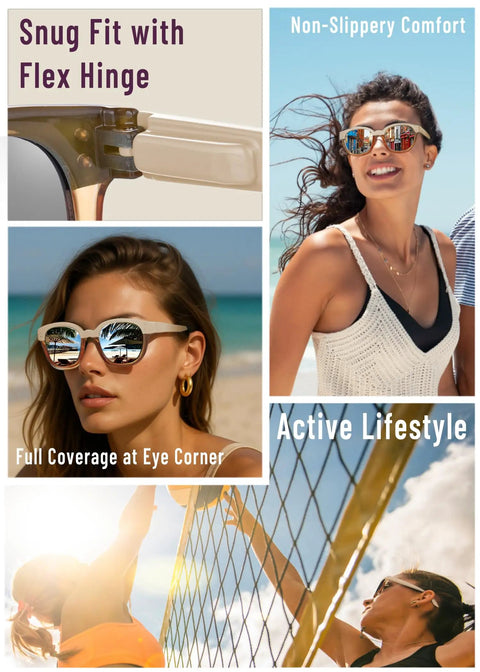 Trendy Cream Colorblock Polarized Sunglasses For Women Featuring Retro Square Frames And UV400 Mirrored Lenses That Totally Hit Different On Any Streetwear Fit close-up showing flex hinge and mirrored lenses.