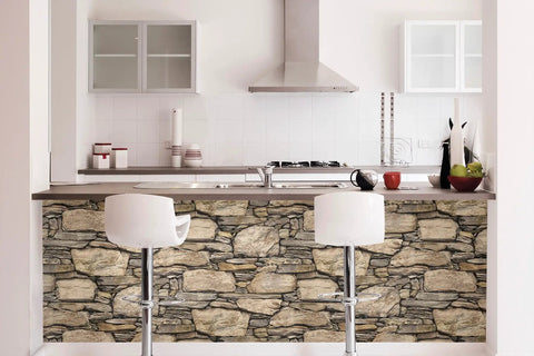 Hadrian Stone Peel And Stick Wall Covering Brown Removable Wallpaper on a kitchen island with bar stools, 20.5 In X 18 Ft