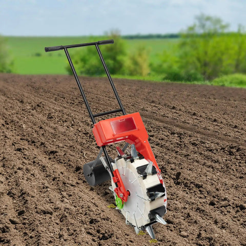 Manual Hand Push Garden Seeder Walk Behind Row Crop Planter With 10 Nozzles in a tilled field