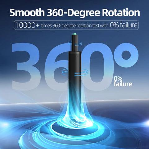 Beefed Up Heavy Duty Office Chair Gas Cylinder Replacement showcasing smooth 360-degree rotation and zero failure in blue graphic.