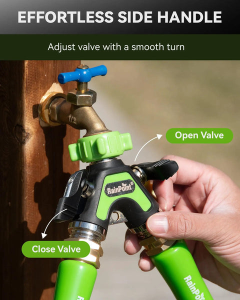 All Metal Garden Hose Splitter 2 Way Y Valve With Extra Long 2.05 Inch Handle Built Tough Heavy Duty Shut Off Valves on spigot