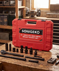 Three Eighth Inch Drive Impact Socket Set With Sixty Seven Piece Metric And SAE Six Point CR V Steel Sockets on workbench