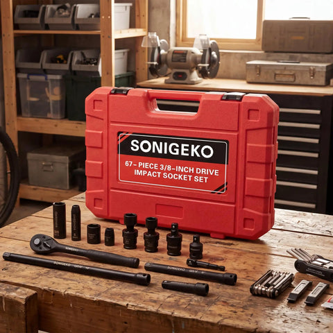 Three Eighth Inch Drive Impact Socket Set With Sixty Seven Piece Metric And SAE Six Point CR V Steel Sockets on workbench