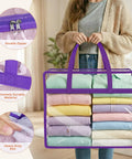 Clear Zippered Storage Bags Set 6 Pack 40L Each See Through Closet Organizers holding folded clothes with purple handles, heavy-duty PVC