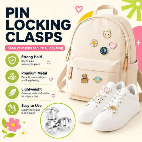 Locking Pin Backings Set for Enamel Pins and Badges, Heavy Duty Metal Clasps on a backpack and sneakers for secure pin display.