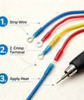 Top Tier 180 Piece Heavy Duty Heat Shrink Wire Connector Kit With Waterproof Marine Grade Ring Fork Spade Butt Terminal Assortment Zero Hassle Built Tough Go Anywhere process steps showing wire stripping, crimping, and heat application.
