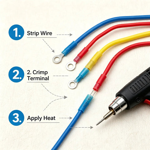 Top Tier 180 Piece Heavy Duty Heat Shrink Wire Connector Kit With Waterproof Marine Grade Ring Fork Spade Butt Terminal Assortment Zero Hassle Built Tough Go Anywhere process steps showing wire stripping, crimping, and heat application.