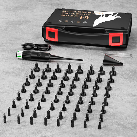 Rechargeable Green Bore Sight Laser Kit With 64 Adapters for Calibers .17 HMR Up to 12 Gauge with case and accessories