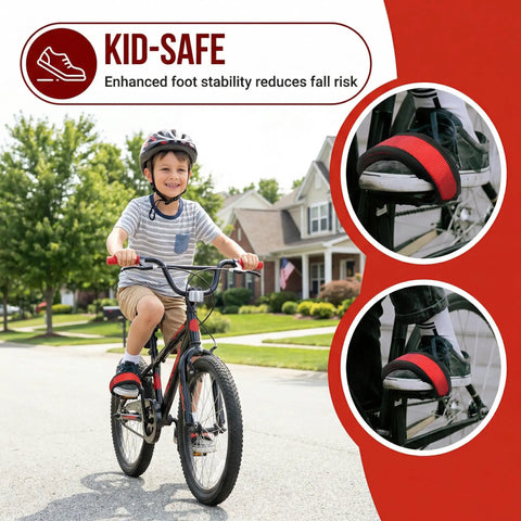 Kid on bike wearing Kids Bicycle Toe Clip Straps Set For Easy Install Pedal Footrest Durable Nylon Construction