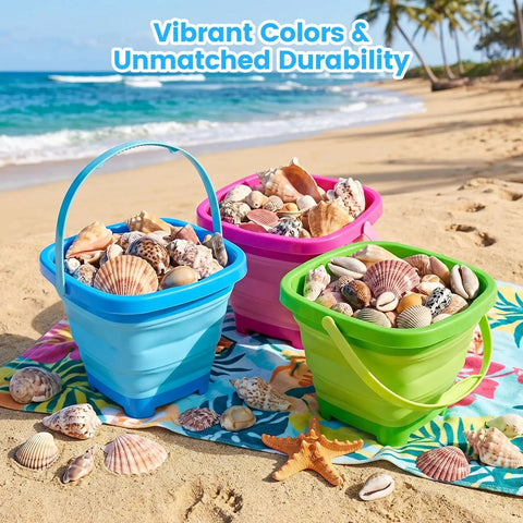 Three Pack Collapsible Buckets For Kids Foldable Sand Pails For Beach Sandbox Camping And Epic Summer Fun on a sandy beach