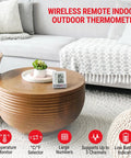 Indoor Outdoor Wireless Thermometer With 500 Feet Range displayed on a wooden table in a living room setting