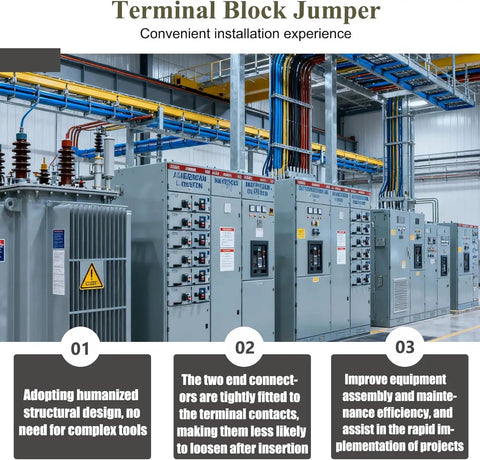 Industrial control panels using Techie Friendly Terminal Block Jumper Wires Tension Clips Kit 10 Pieces for 20A terminal blocks.
