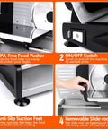 Heavy Duty 200W Electric Meat Slicer With Twin 7.5 Inch Stainless Steel Blades Adjustable Thickness Control showing BPA-free food pusher, ON/OFF switch and anti-slip feet.