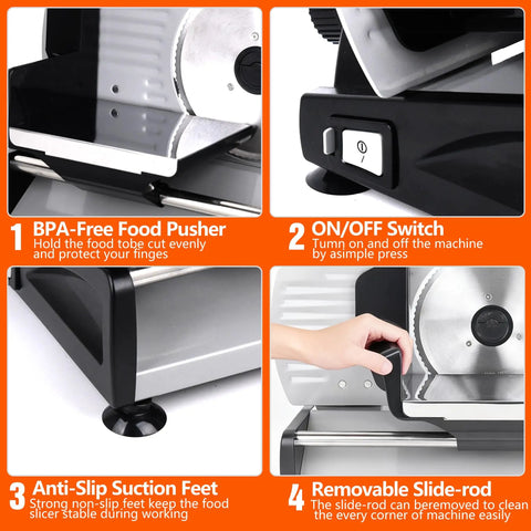 Heavy Duty 200W Electric Meat Slicer With Twin 7.5 Inch Stainless Steel Blades Adjustable Thickness Control showing BPA-free food pusher, ON/OFF switch and anti-slip feet.