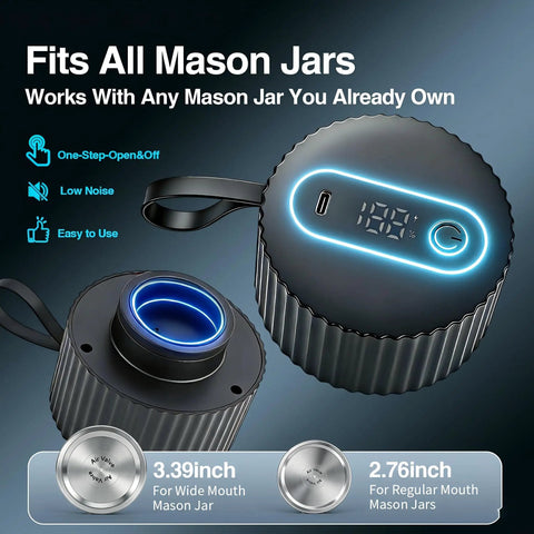 Portable 3-in-1 Electric Vacuum Mason Jar Sealer Kit With Rechargeable Type-C Battery for regular and wide mouth jars, showing nozzle and digital display.