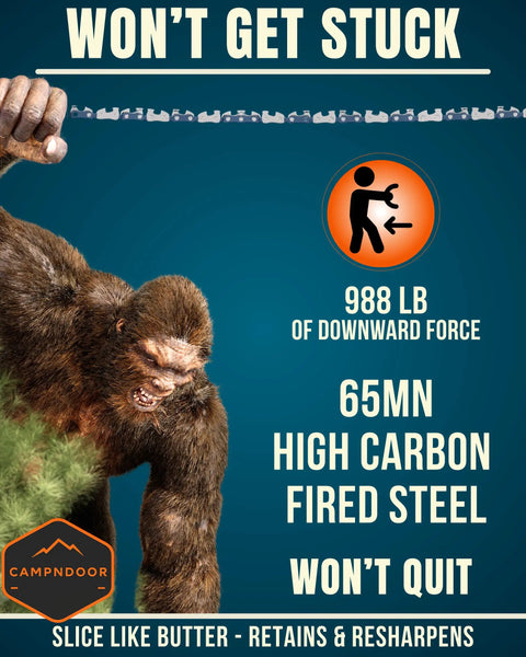 Illustration of a durable 65Mn steel pocket chainsaw with paracord handles cutting through a branch, emphasizing strength and reliability.