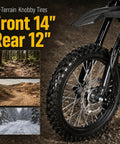 Heavy Duty Off Road Electric Dirt Bike With A Beast Mode 60V 30Ah Battery And 6000W Peak Motor showcasing all-terrain 14" front tire.