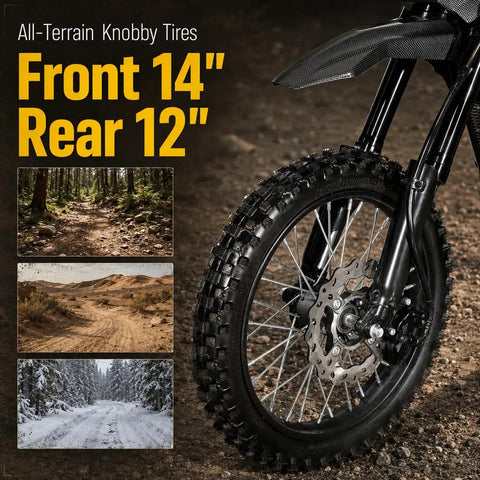 Heavy Duty Off Road Electric Dirt Bike With A Beast Mode 60V 30Ah Battery And 6000W Peak Motor showcasing all-terrain 14" front tire.
