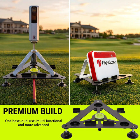 Leveling And Alignment Stand For Golf Launch Monitors Pro grade metal build shown with golf course background