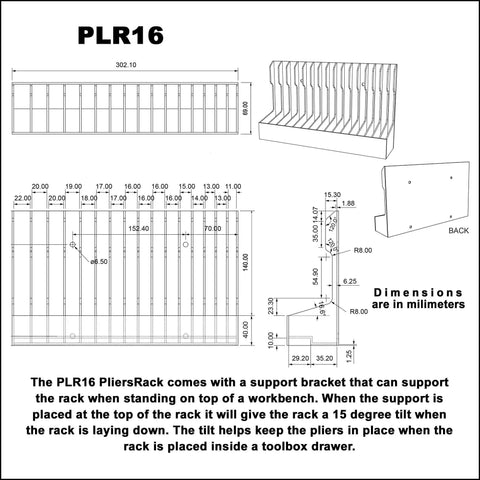 Blueprint of PLR16 Blue Pliers Rack Organizer, shows dimensions and tilt feature for toolboxes, holds 16 sets of pliers.