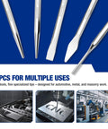Knockout Five Piece Punch And Chisel Set Forged From Tough Chrome Vanadium Steel For Serious Masonry And Metal Cutting Tasks Built To Eat Hammer Blows Day After Day On Any Grungy Job Site With Tray, showing five tools with specialized tips.