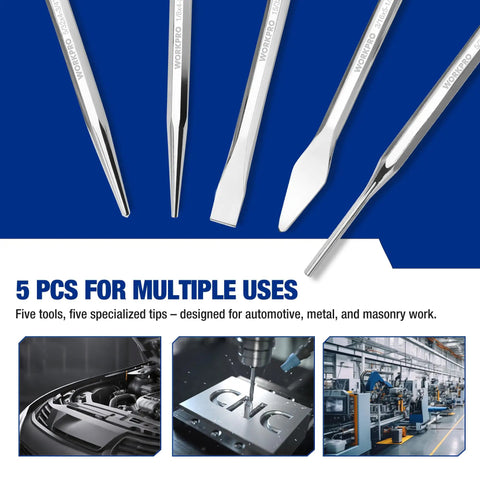 Knockout Five Piece Punch And Chisel Set Forged From Tough Chrome Vanadium Steel For Serious Masonry And Metal Cutting Tasks Built To Eat Hammer Blows Day After Day On Any Grungy Job Site With Tray, showing five tools with specialized tips.