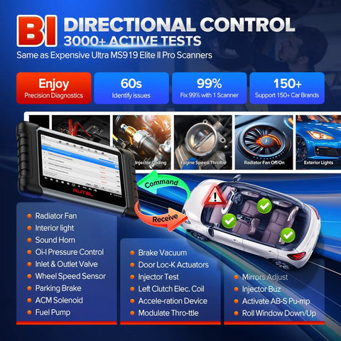 MaxiCOM MK808BT Pro Bidirectional Diagnostic Tool with 2026 Upgrade displaying active tests and coverage features.