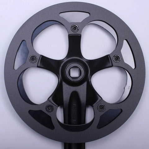 Rugged Aluminum Chainring Guard for 130mm BCD Sprockets, black anodized, top view showcasing its beefy structure for MTB and e-bikes.