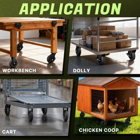 Applications showing 8 Inch Caster Wheels Set Of 4 With 2 Brakes And 2 Fixed used on workbench, dolly, cart, and chicken coop.