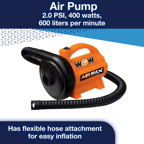 120V AC Inflator Pump For Inflatables, 600 L/min Airflow with hose attached, bright orange pump for home or dock use
