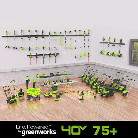 40V 21-Inch Self-Propelled Lawn Mower With Brushless Motor showcased with various 40V tools and accessories on display.
